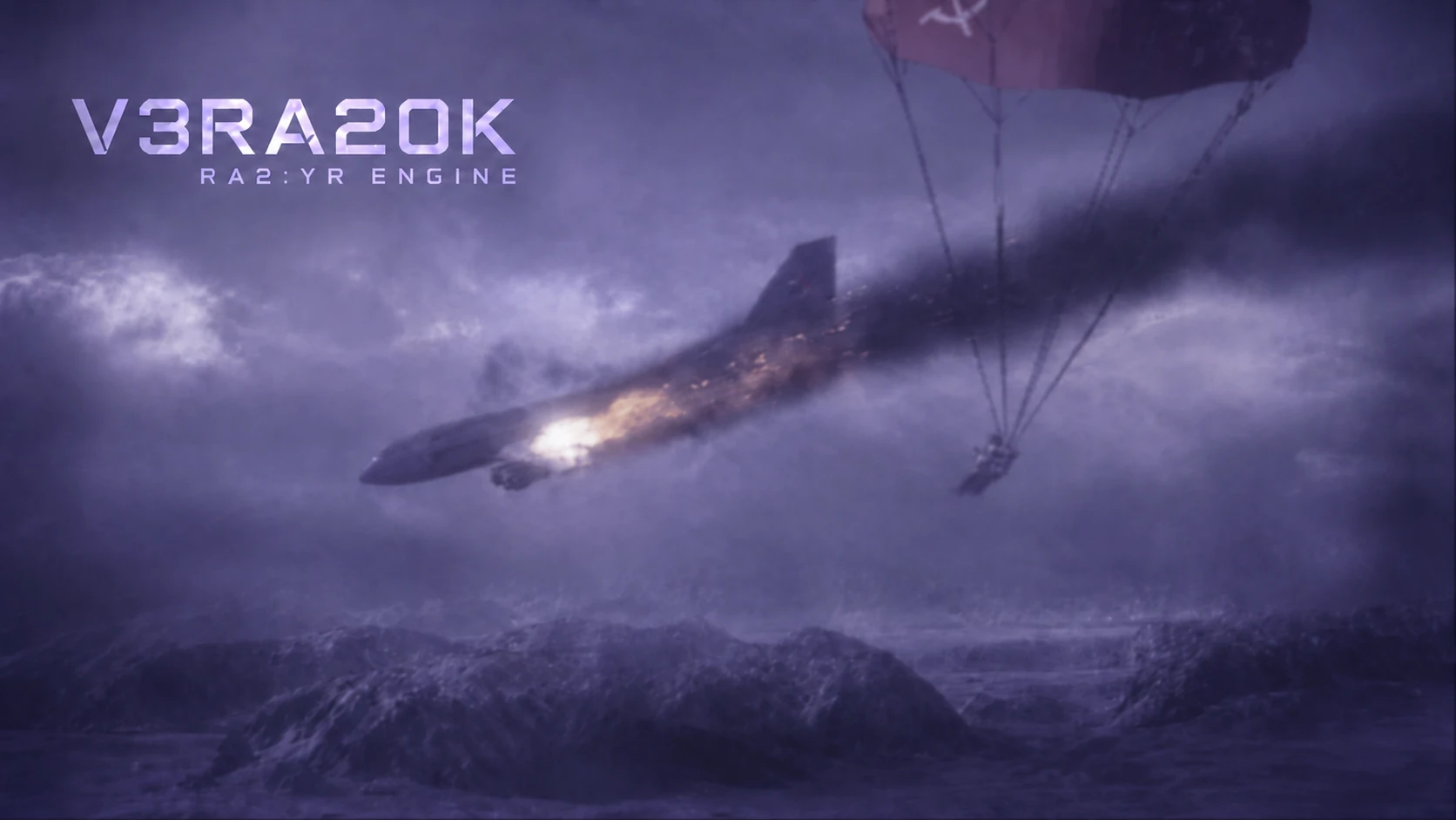 Ein brennendes Passagierflugzeug stürzt durch einen violetten Himmel, daneben eine Kiste am Fallschirm, darüber der Schriftzug V3RA20K.